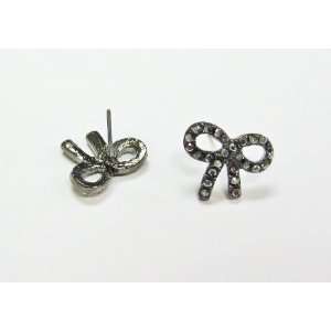   Gun Metal Ribbon / Bow Earrings with Crystals   Lead/nickel Safe