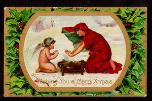   woman in red & child angel warming by fire christmas postcard  