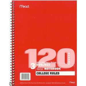 Mead Spiral Three Subject College Ruled Spiral Notebook, 120 Sheets 
