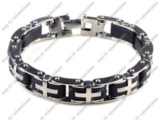 New Men Black Silver Stainless Steel Rubber Bracelet 8.5 link 