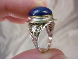 Antique COSTUME JEWELRY RING Filigree Chromium & Blue Stone Size 6 