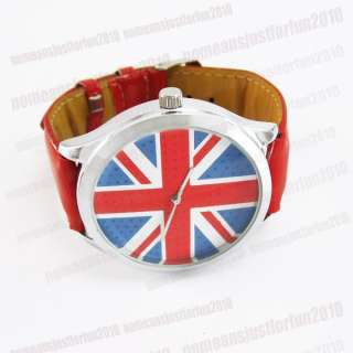 Girls New Style Round British UK Flag Quartz Red Leather Wrist Watch 