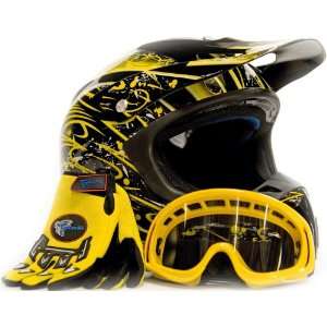 Typhoon Adult Motocross Helmet Gloves and Goggles Set Yellow (X Large)