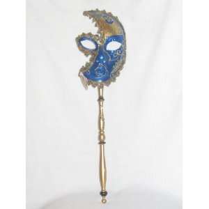  Blue and Gold Luna Star Venetian Stick Mask