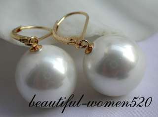 16mm round white southsea shell pearl dangle earring14k  