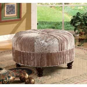  Center Button Tufted Round Ottoman With Wood Legs and 2 
