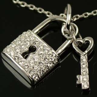 White gold GP SWAROVSKI crystal key & lock necklace E40  