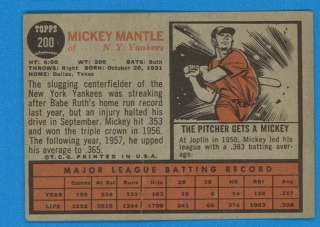 1962 Topps #200 MICKEY MANTLE Centered, Clean, Middle Crease  