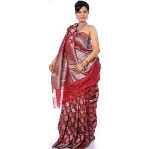 Burgundy Designer Sari from Banaras with Woven Flowers All Over   Pure 