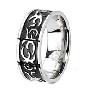   Biker Ring With Black Plated Center and Tribal Design along the Ring