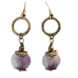  Brass Drop Earrings with Light Amethyst Gemstone Antique 