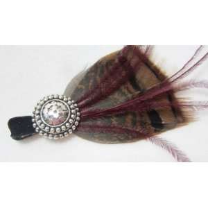  NEW Brown Feather Hair Clip with Burgundy Ostrich Feathers 