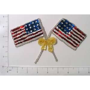  Double USA Flags with Gold Bow Sequin Applique Everything 