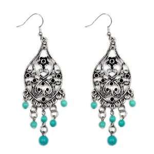 Miao Silver Toned Turquoise Drop Chandelier Earrings 