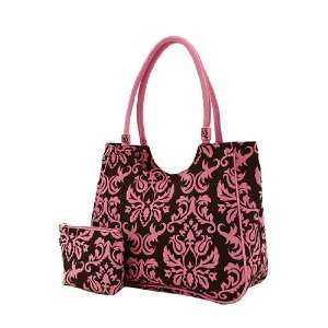 Belvah Damask Canvas Large Tote Bag with Matching Cosmetic Purse (17.5 
