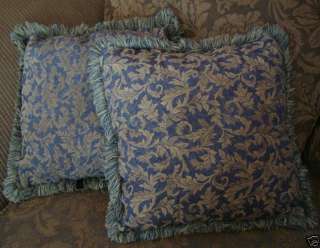 Gray/Blue Gold/Beige Acanthus Leaves Throw Pillows x2  