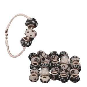 Elegant Brass Bracelet with 5 Black and White Glass Charm Beads size 6 