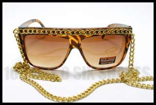 Celebrity Pop Star Fat Gold CHAIN Sunglasses Flat Top TORTOISE Brown 