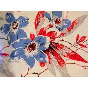 Bold Graphic Large Flowers Tablecloth Red Blue Cream 1940s Vintage 51 
