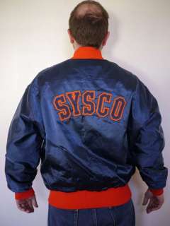 Vtg 80s SYSCO CHEMCIAL Shiny Nylon Blue Orange EDDIE BASEBALL JACKET 