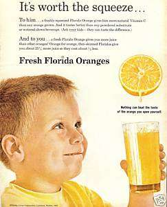1962 Boy w/FLORIDA Orange Juice AD~worth the SQUEEZE  