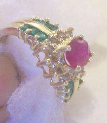 Ruby Emerald Diamond Gemstone Cocktail Ring, 14kt Gold, New Fine 