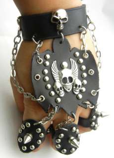 Punk Gothic Flying Skull Leather Bracelet Wristband 3 Ring TEW313 