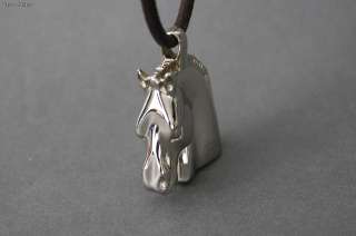 Authentic HERMES Silvertone Horse Head Pendant Leather Necklace w/ Box 