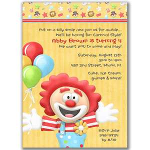   Clown Invitations Birthday Party Circus Carnival Balloons Kids Invites