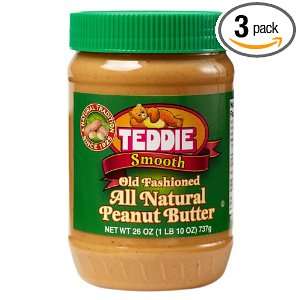 Teddie All Natural Peanut Butter, Smooth, 26 Ounce Jar (Pack of 3)