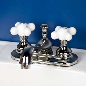 Teapot Centerset Lavatory Faucet with Porcelain Cross Handles   Chrome