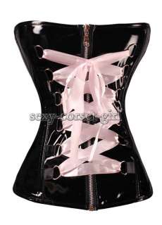 Gothic Black PVC Corset Pink Lace Bustier Metal Zipper XL A095