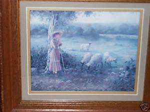 bo peep and her sheep painting 9 1/2 x 7 1/2 framed  