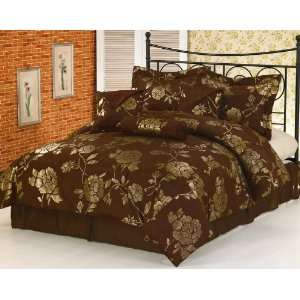   7Pcs Brown Floral Metallic Bedding Comforter Set King