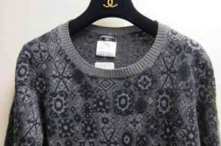 8K 11A Chanel Pattern Black Brown Cashmere Sweater Pull Over Top 40 