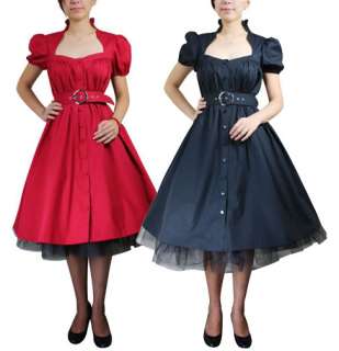Belted Black or Red 50s Rockabilly Swing Pinup Dress  
