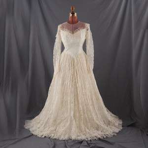 VINTAGE 50s SATIN PRINCESS Sheer LACE Wedding DRESS S  