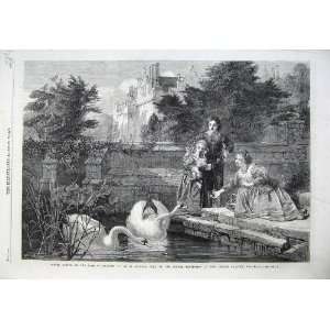  Fine Art 1866 Hever Castle Swans Children Dog Lake Tree 