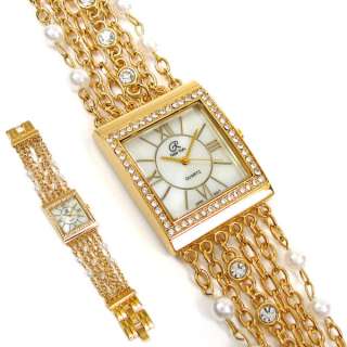 GOLD CRYSTAL & FAUX PEARLS Chain Strands Bracelet Jewelry WATCH  