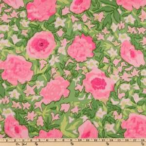  56 Wide Stretch Cotton Sateen Roses Lime/Pink Fabric By 