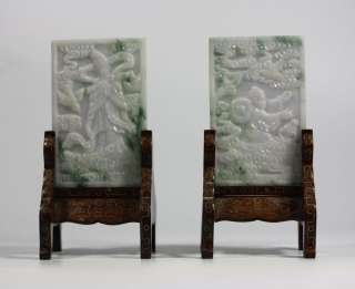 PAIR OF RARE ANTIQUE CHINESE CARVED JADE PLAQUE W.STAND  