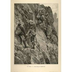  1894 Print Mountain Climbing Climbers Rock Face Ropes 