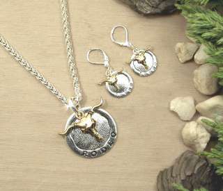HORSE & WESTERN RODEO NECKLACE & EARRINGS SET  TWO TONE  