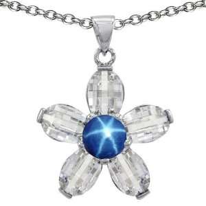   Created Round Star Sapphire and White Quartz Flower Pendant Jewelry