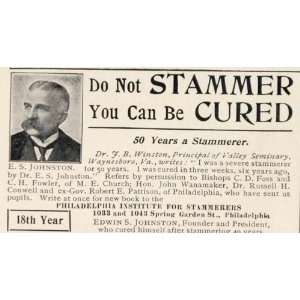  1901 Ad Stammering Cure Edwin S. Johnston Philadelphia 