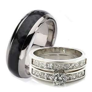   Steel and Black Stainless Steel Engagement Wedding Band Ring Set (Size