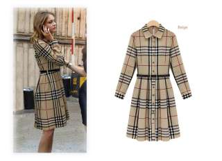   Classic Plaid Check Belted Career Casual Trench Style Dress  