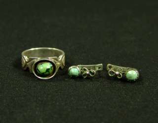 ARTS&CRAFTS DECO STERLING SILVER SERPENTINE STONE LADY RING&EARRINGS 
