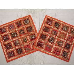  2 Orange Indian Sari Kundan Decorative Throw Cushions 
