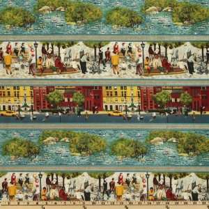  44 Wide City Scapes Border Stripe Teal Fabric By The 